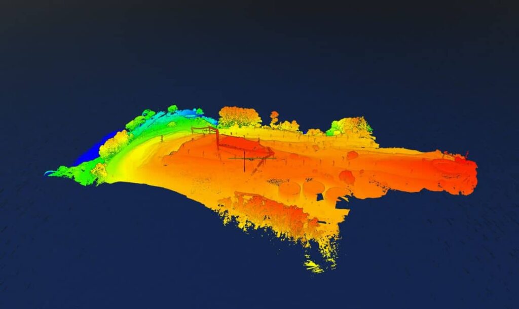 This image depicts a 3D LiDAR map, showcasing a vibrant spectrum of colors that represent varying elevations and topographical features of a land area. The vivid colors range from cool blues indicating lower elevations to warm oranges and reds for higher terrain. Detailed overlays of property lines, building outlines, and other critical survey data are integrated seamlessly with the terrain, illustrating the precision of orthorectified aerial mapping. This advanced mapping technology provides a comprehensive visual tool for land development, surveying, and real estate planning.